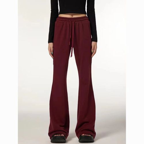 美式复古酒红色休闲裤女秋冬季新款高腰抽绳垂感喇叭裤子运动卫裤