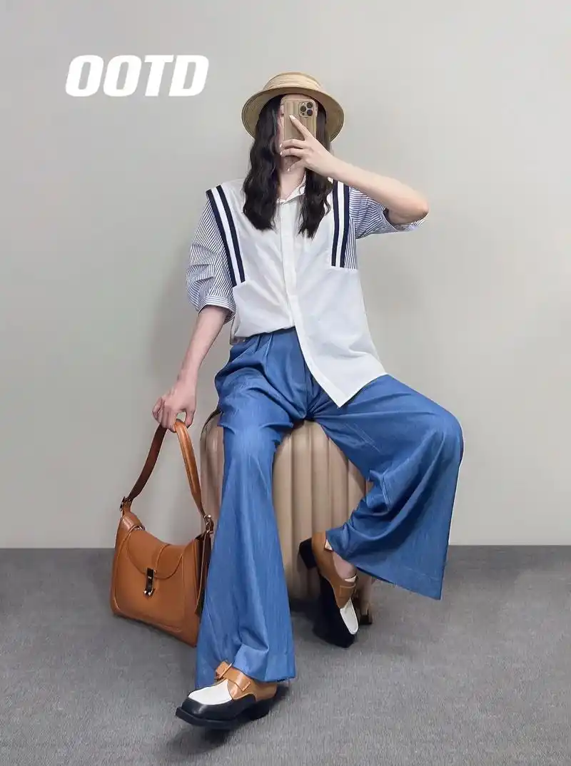 海军风短袖衬衣配蓝色阔腿裤,整个一 - 抖音