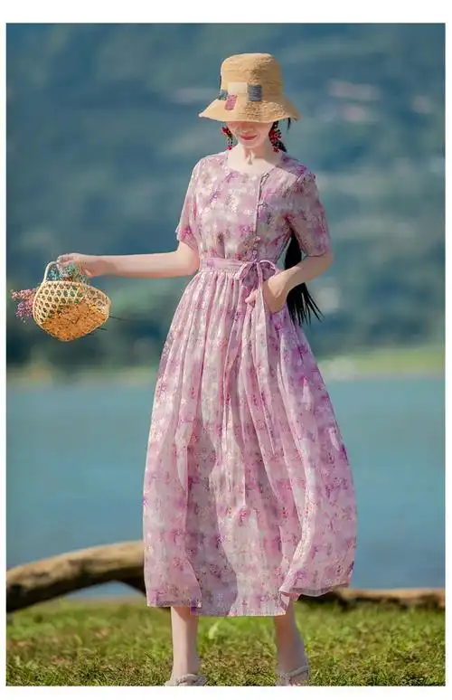 teze品牌女装民族风纯苎麻连衣裙女2021夏季新款文艺花朵长裙显瘦气质
