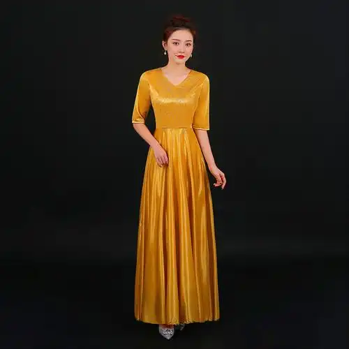 新款大合唱演出服女长裙成人中老年朗诵团体合唱服装学生亮片礼服