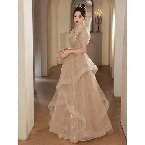 晚礼服女2024新款气质长款轻奢小众香槟色法式方领蓬蓬裙礼服宴会
