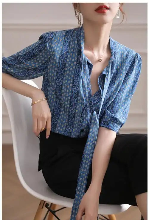 袖印花复古蓝色桑蚕丝长袖立领衬衫纯色短款真丝衬衫上衣2021夏新款女