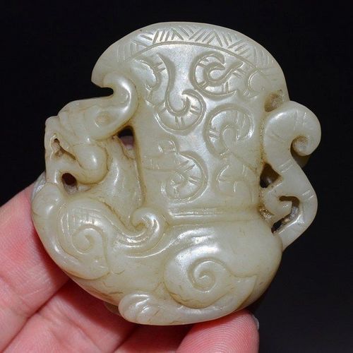老玉古玉老收藏高古玉古玩古董和田玉浮雕糖料春秋战汉夔龍玉尊杯
