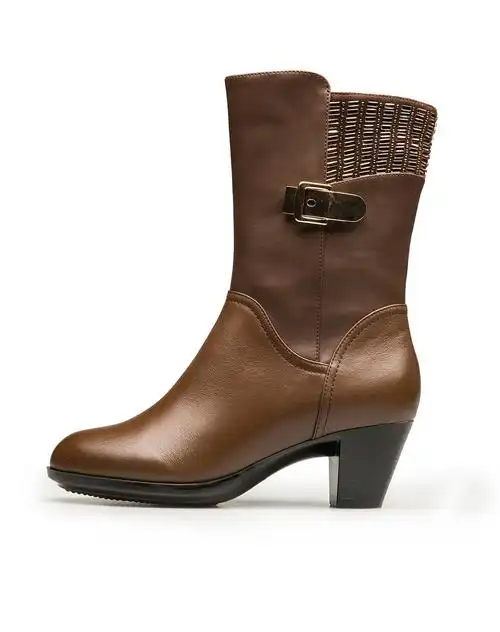 2015新款咖色牛皮休闲女士时尚中筒靴