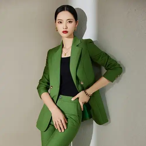 高端绿色小西装套装女秋冬新款时尚小西服女商场专柜大码女装批发