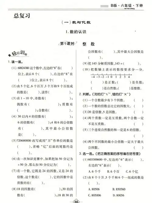 六年级下册数学总复习数与代数练习题