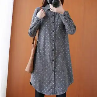 大唐喜乐牛棉麻中长款衬衣女2023春秋新款女装宽松长袖衬衫上衣灰色m