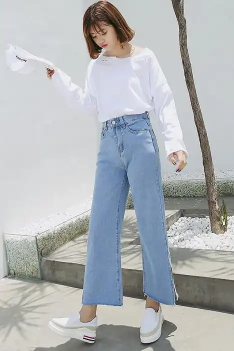 春夏季新款韩版宽松浅蓝色水洗高腰牛仔裤女学生显廋开叉阔腿九分裤子