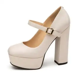 youaibuge超高跟粗跟女鞋厚底防水台高跟鞋米白色单鞋恨天高四季鞋