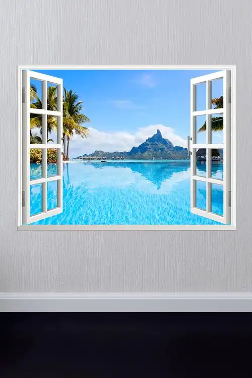 3d卧室假窗户墙贴客厅装饰画大海景沙滩海滩餐厅房间壁画贴纸贴画