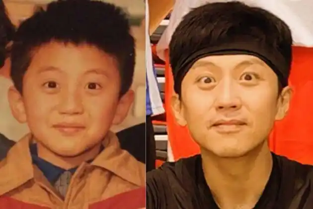 并配文:"瘦成了童年的自己",照片中邓超头戴发带摆出和小时候的自己