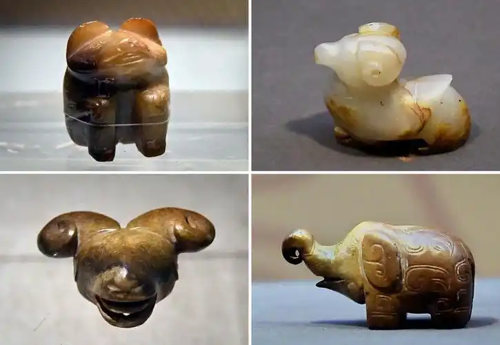 图为在河南安阳博物馆展出的妇好墓出土的玉器(拼版照片)新华社记者