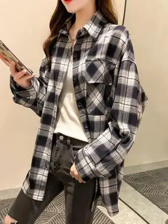 扁黛格子衬衫女长袖中长款春秋薄宽松百搭外套洋气显瘦加绒保暖上衣潮