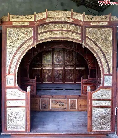 明清古典老家具鎏金雕刻双进拔步床13857791050