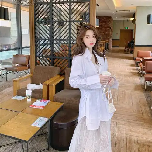 实拍设计感小众宽松上衣防晒白衬衫 性感蕾丝吊带纱裙2020秋