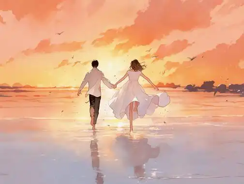 情侣海边背影唯美浪漫情人节爱情双人手绘插画温馨氛围感场景海报人物