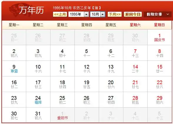 1995年农历阳历表,1995年阴历阳历对照表,1995年日历带农历