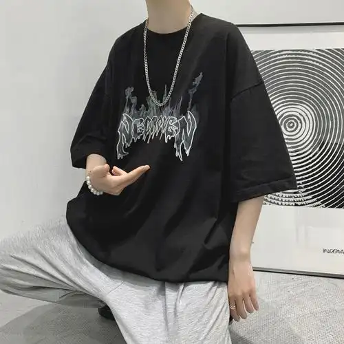 潮牌ins港风衣服宽松百搭半袖2022新款上衣潮流短袖冰感t恤男夏季