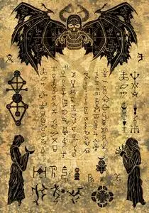 魔法女巫书页上有邪恶的符号和旧纸纹理上的图画.