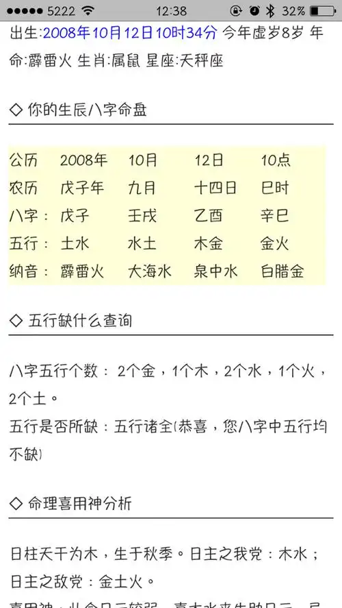 2008年10月12日10点34分出生的女孩五行缺什么=