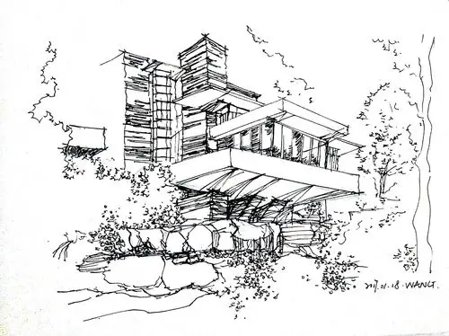 建筑速写 手绘 流水别墅