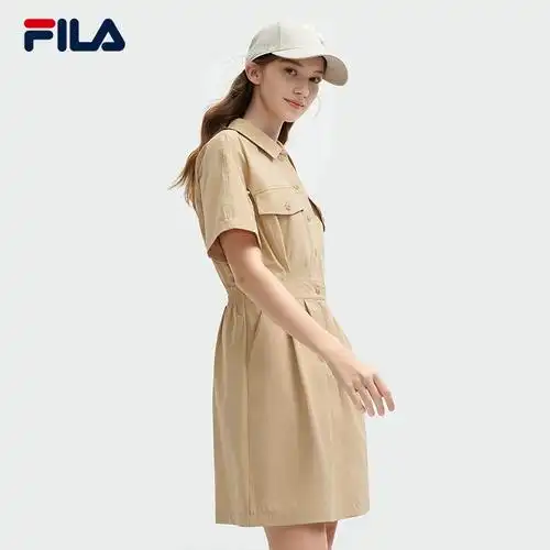 时尚裙长裙子新款翻领收腰显瘦工装fila斐乐梭织连衣裙女2024夏季