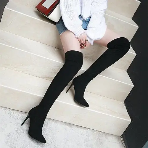 雪千羽冬季新款加绒粗跟过膝靴韩版百搭女皮靴女靴子高跟筒靴加绒高筒