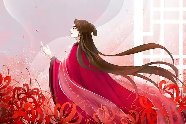 古风唯美曼珠沙华彼岸花丛中是红衣女子原创插画海报古风中国风花