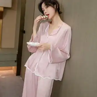 维多利亚的秘密冰丝睡衣女款春秋季长袖新款家居服纯色高级感春夏天薄