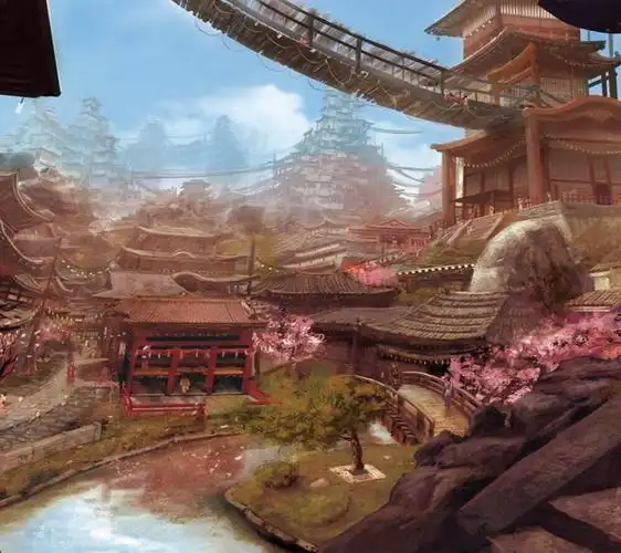 古风日系插画房屋桃花意境