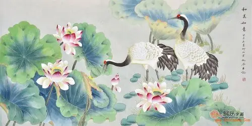 家里挂什么画-【作品推荐】:仇谷工笔画荷花仙鹤作品《荷塘清趣》祝寿