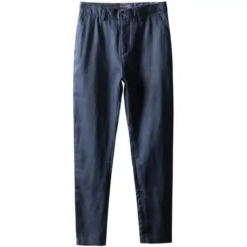 夏纯亚麻休闲裤男士轻薄款松紧腰长裤棉麻宽松透气刺绣裤子小直筒