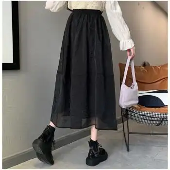 法式白色纱裙半身裙女春秋高腰a字裙子设计感小众半裙中长款伞裙 黑色