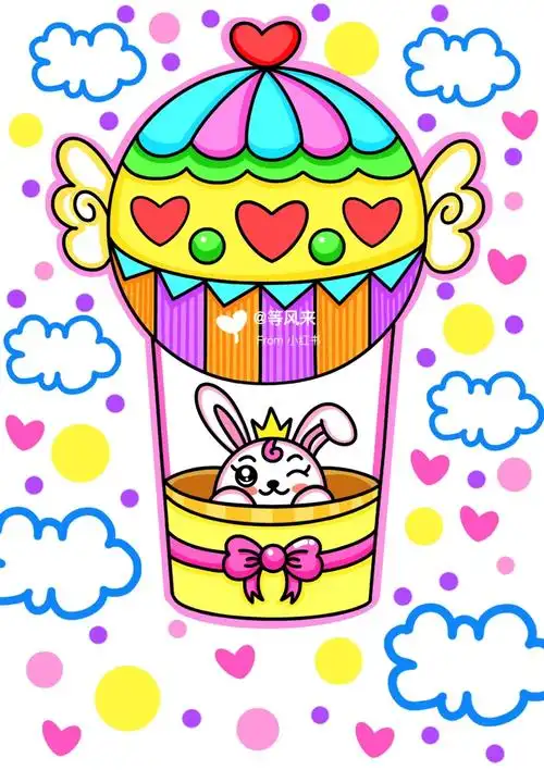 小兔子热气球 创意画 儿童画 简笔画 线稿