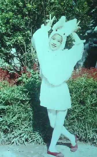 这是黄圣依在小学的时候,穿上了兔子的衣服跳舞的照片.