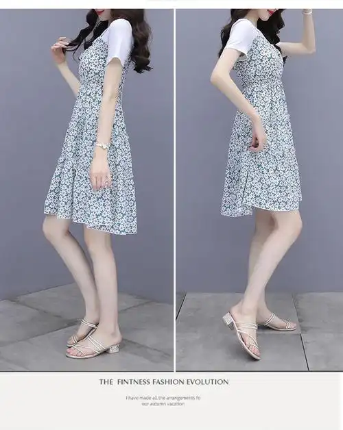 碎花连衣裙女装夏季2021新款今年流行气质小个子假两件套裙子 - 17网