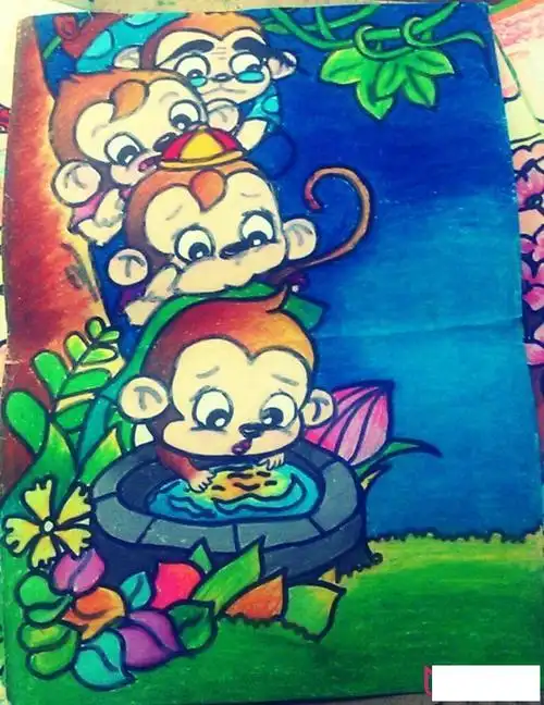 猴子捞月童话故事儿童画图片-儿童简笔画大全