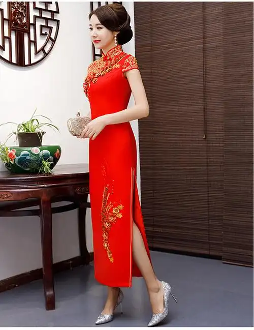 红色锦缎旗袍长款优雅气质女宴会走秀演出复古改良中国风连衣裙女