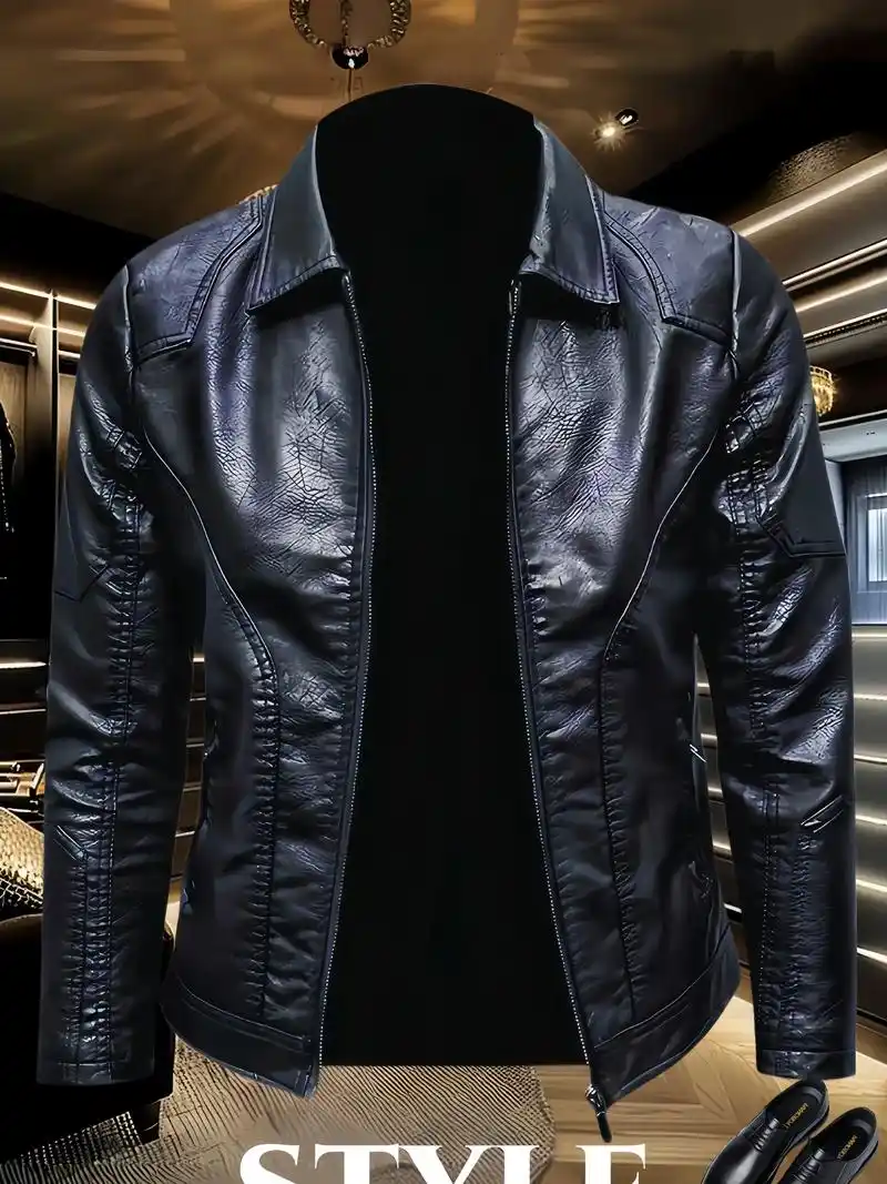 真维斯皮衣男士秋冬潮流痞帅黑色翻领机车服 - 抖音