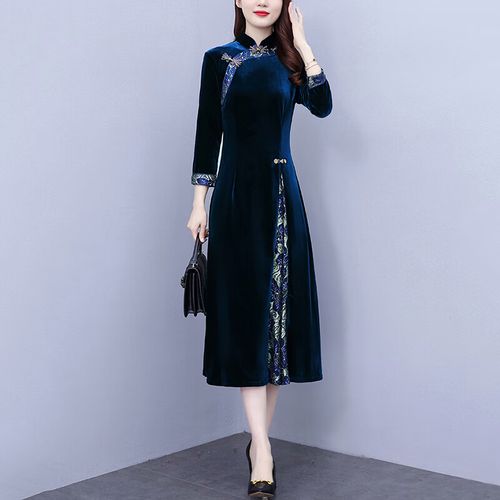 感小个子长裙春秋中年女士改良旗袍裙子 蓝色 奢华大牌女人味气质显瘦