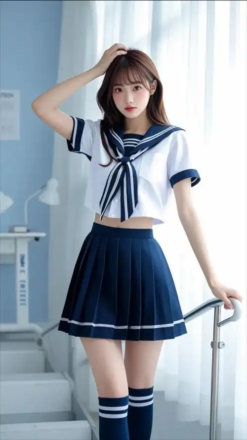 在温暖的阳光下,她如同一道亮丽的风景线,身穿一袭经典的jk水手服