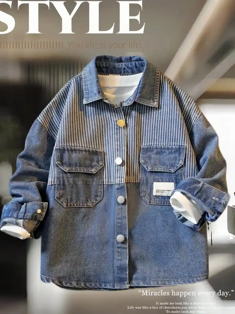 2024新款条纹拼接牛仔外套