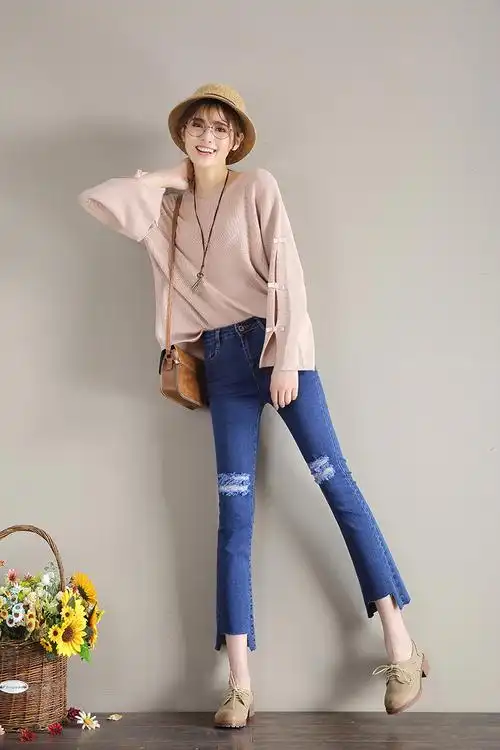 实拍996#膝盖破洞显瘦九分牛仔裤女 有弹性春秋薄直筒高腰休闲裤