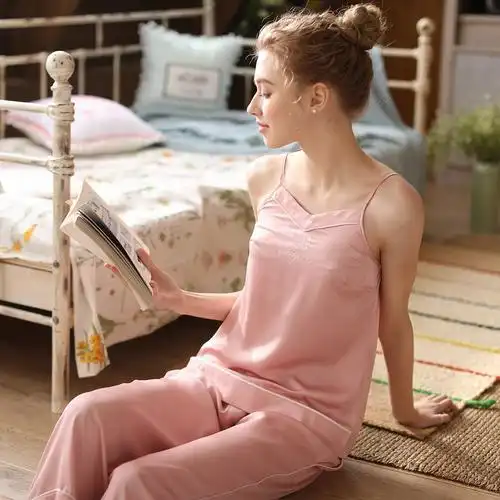 芬腾家居服喜庆淑女精致哑光棉仿真丝女吊带睡衣套装