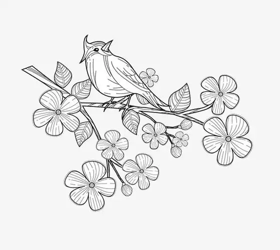 卡通手绘卡通精美的花朵与鸟