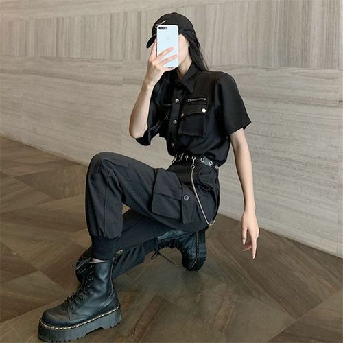 夏季短袖上衣服搭配工装裤套装女装潮霸气酷女孩穿搭帅气痞帅飒气