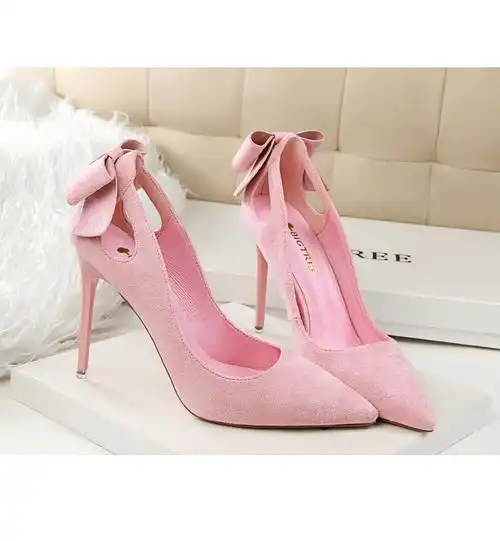 鞋女韩版性感尖头漆皮镂空高跟鞋百搭蝴蝶结浅口细跟女单鞋粉色漆皮40