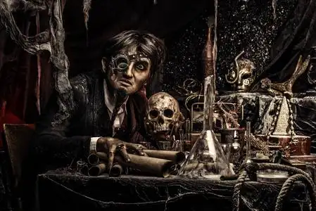 中世纪的科学家,在他的实验室工作的写照.炼金术士.万圣节照片