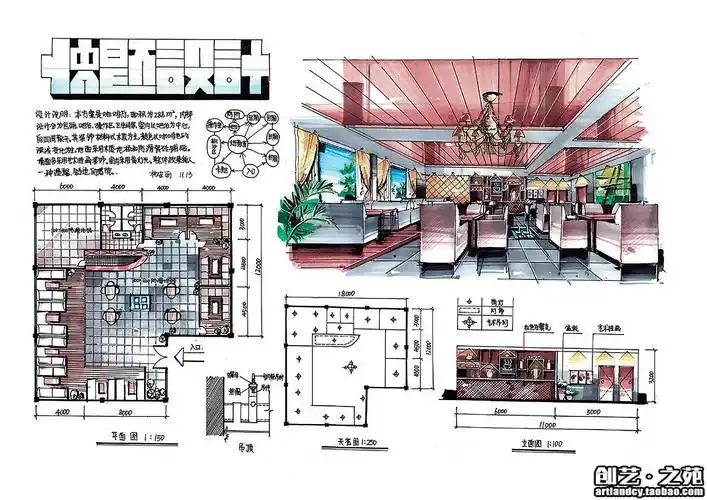 [室内快题设计]茶室,咖啡厅高清手绘图