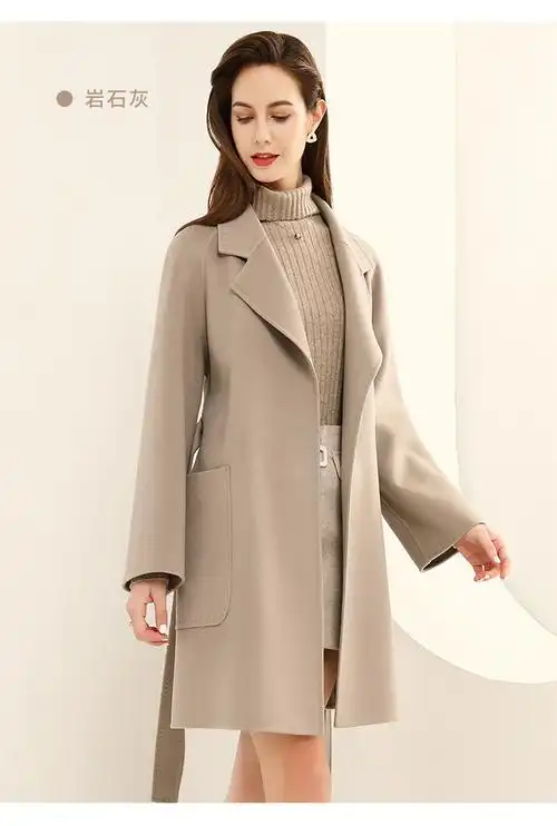 羊绒羊毛大衣女士双面呢外套小个子中长款西服领系带休闲通勤261